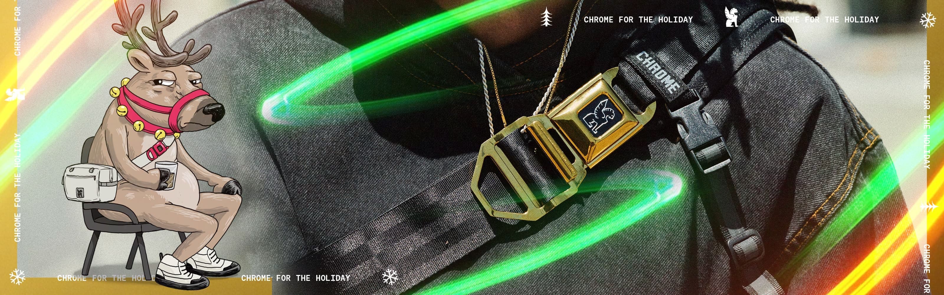 Chrome Industries gold buckle with neon lights and a reindeer