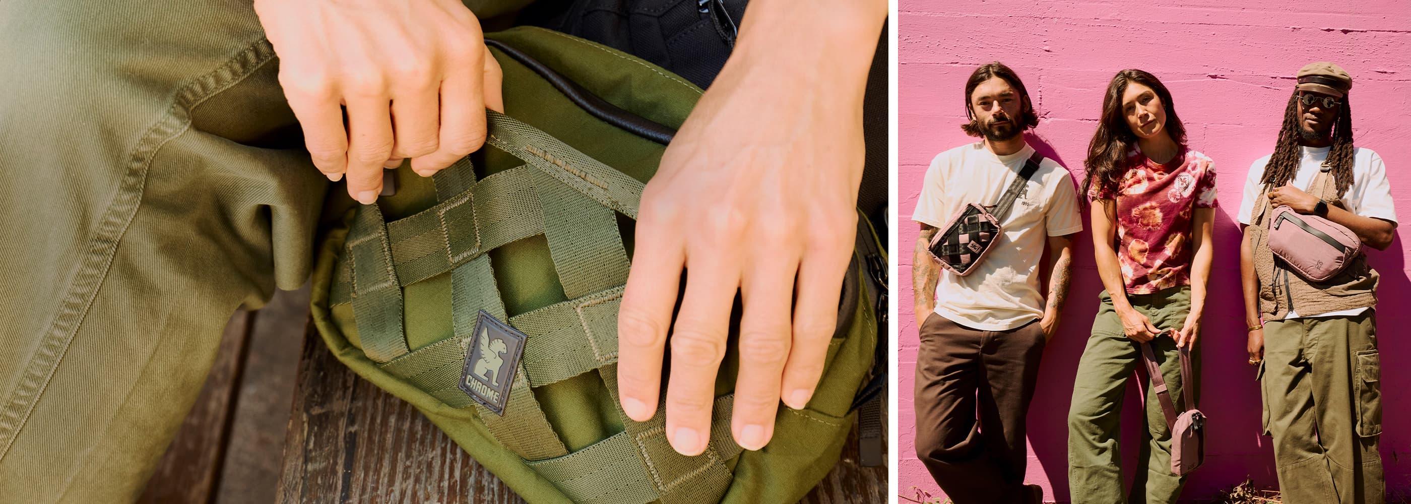 Three people carrying sling bags around town
