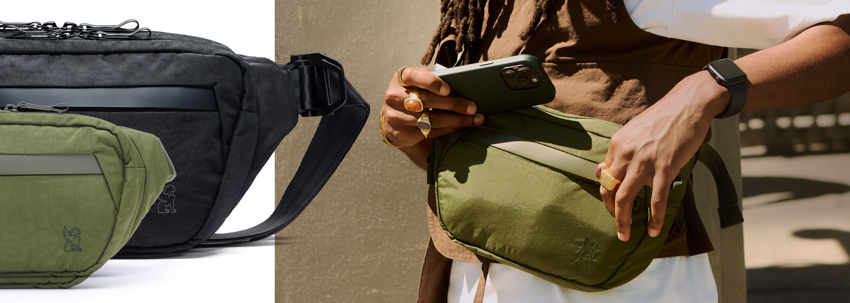 a person putting a phone into a moss colored Sabin 6L sling with the 3L sling also shown