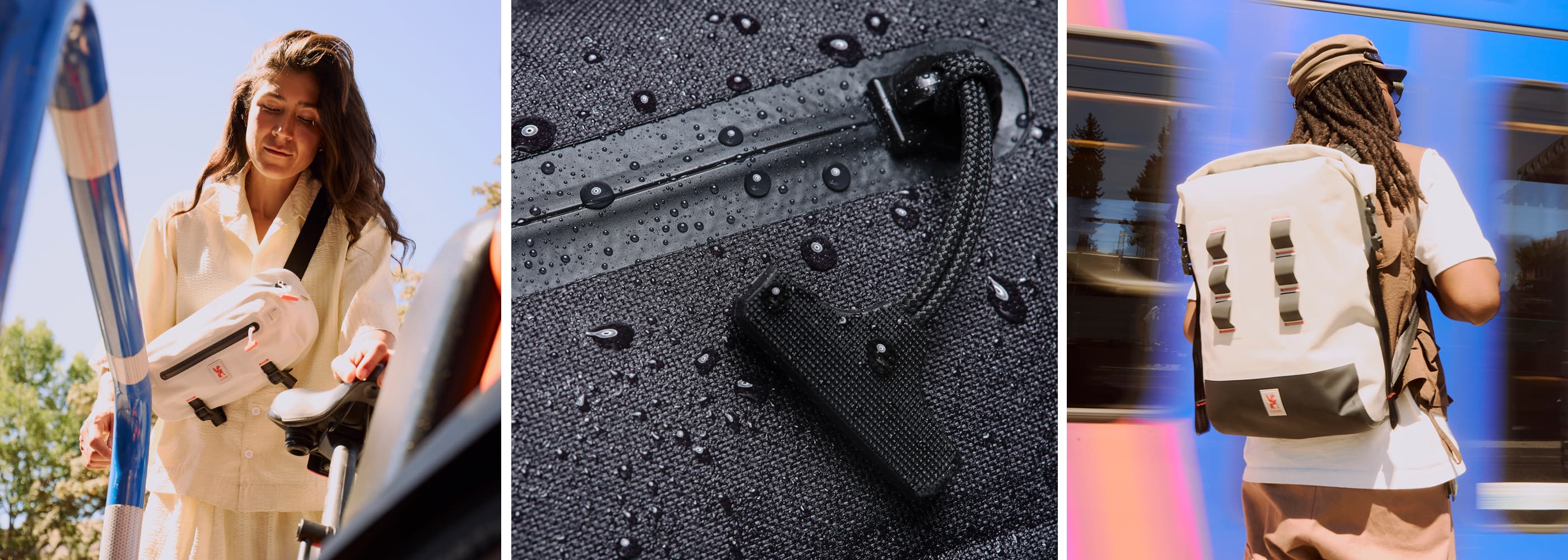 A collage of a Woman and a Man wearing the Chrome Industries Waterproof Slings and Backpacks