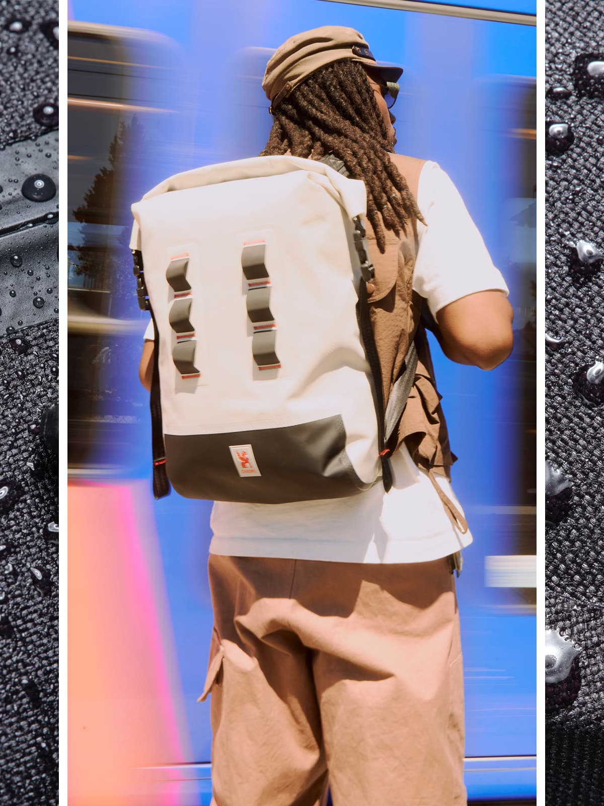 Chrome Industries 30L Waterproof Backpack on a man waiting for the train.