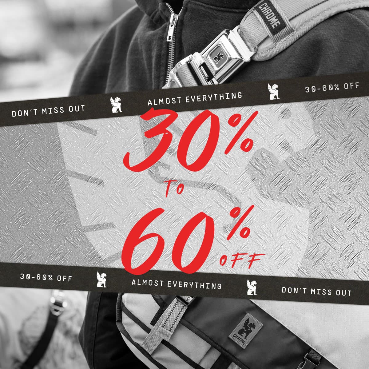 Promotional banner with 30% to 60% off text overlaying a person wearing a Chrome messenger bag.