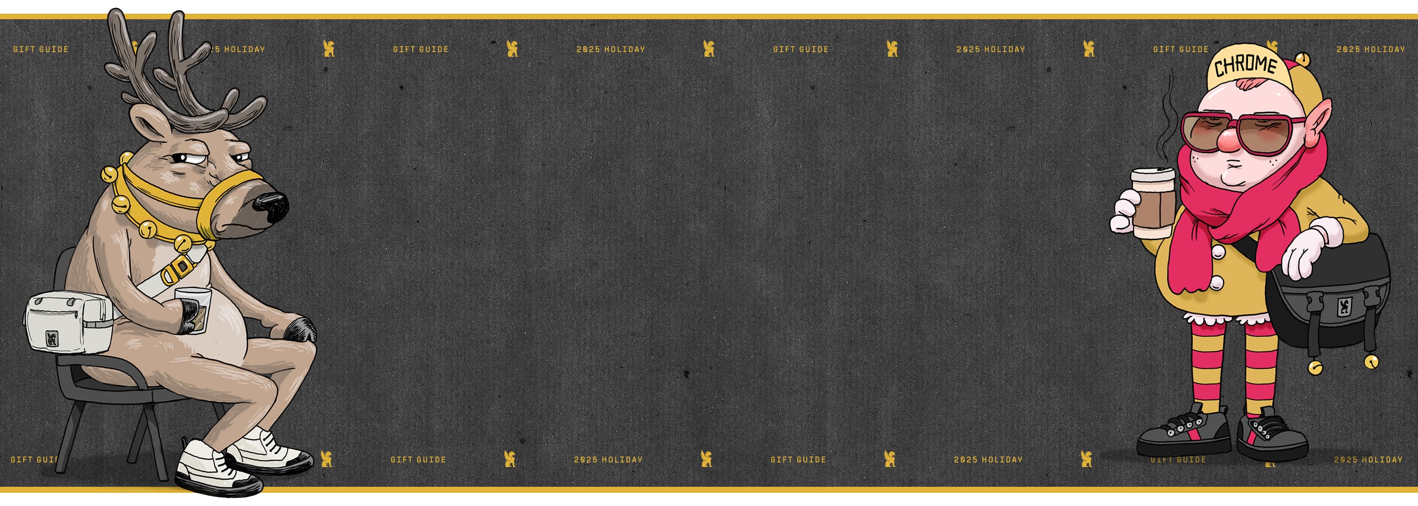 Two cartoon characters, a reindeer and a person, on a black background wearing Chrome bags