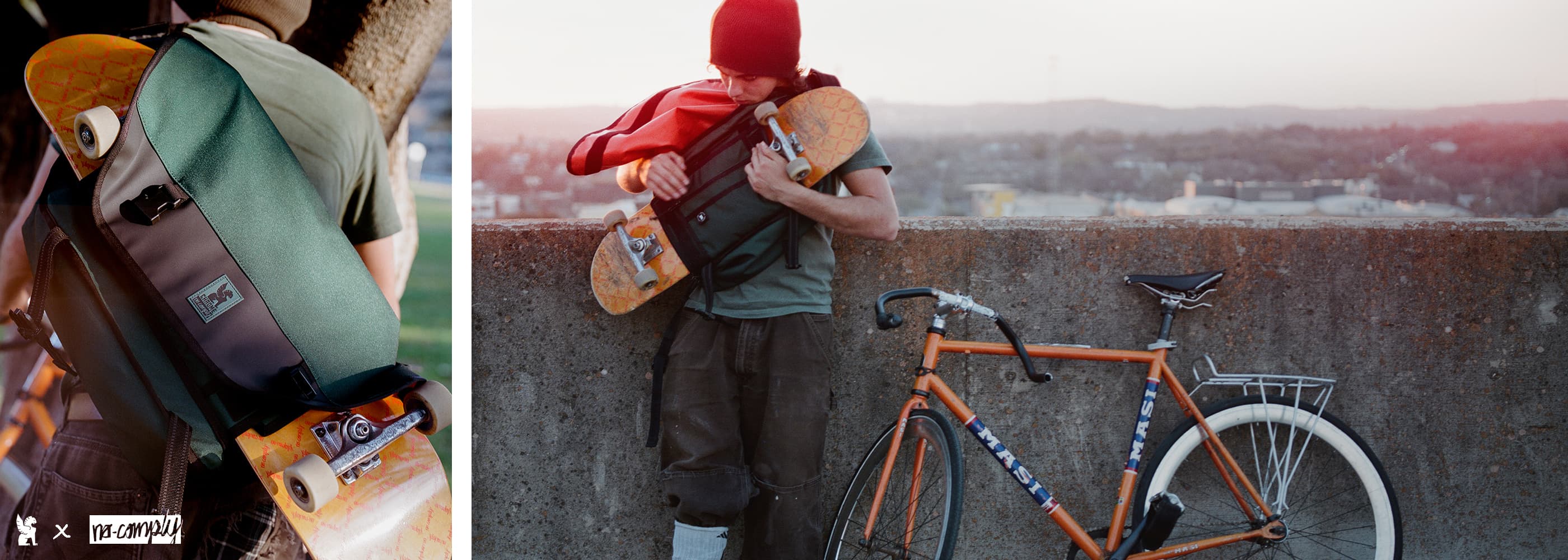 Person carrying a Chrome X No-Comply Skate Messenger over their shoulder with a bicycle nearby.