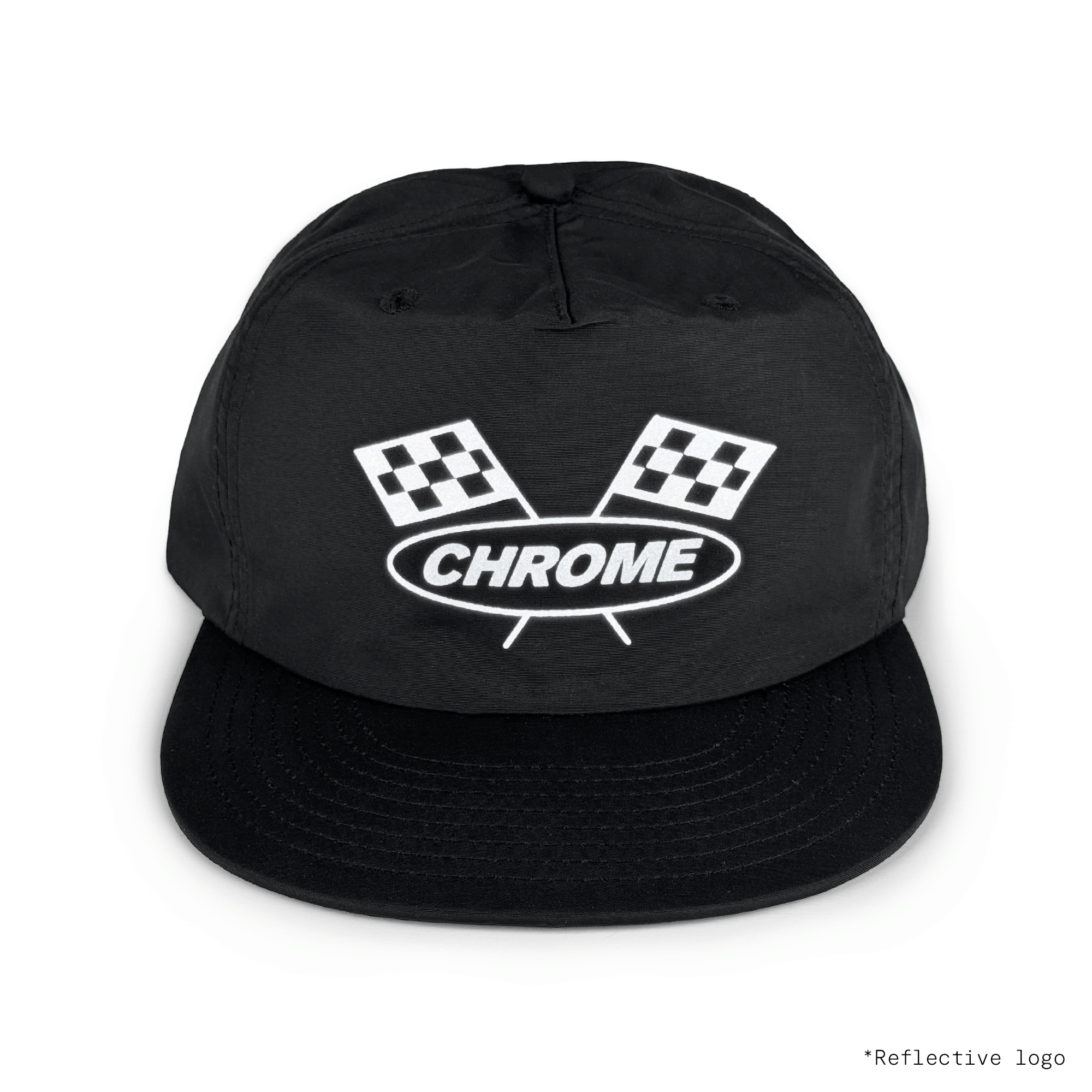 A black hat with a Chrome anniversary logo showing it's reflectivity