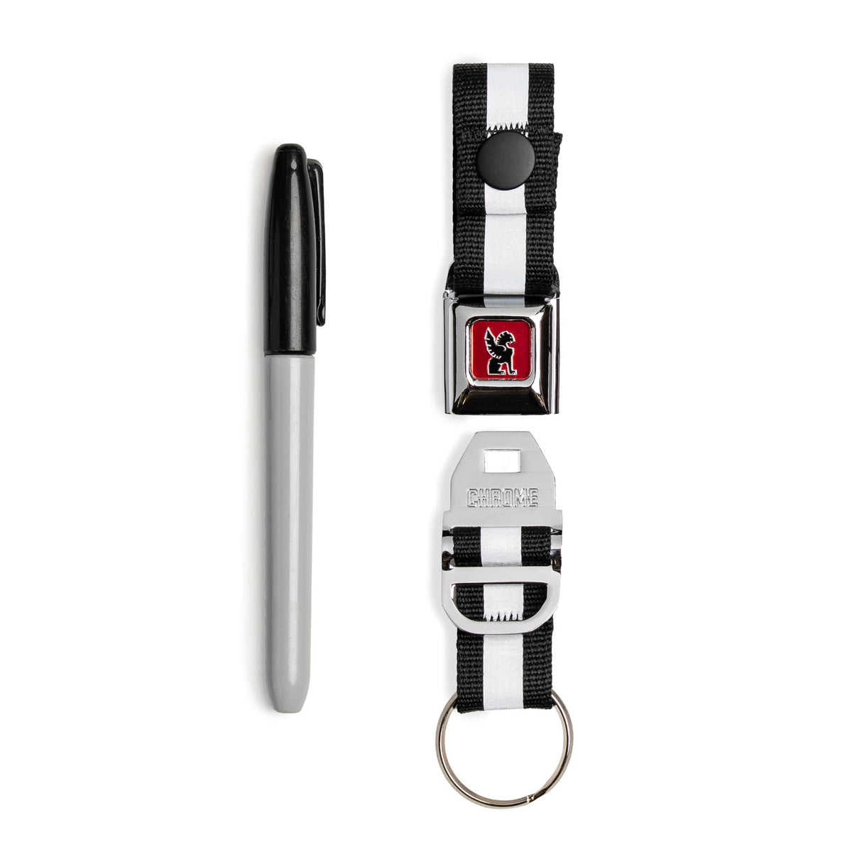 Our updated Mini Buckle Keychain in Chrome open shown by a sharpie for size #color_chrome