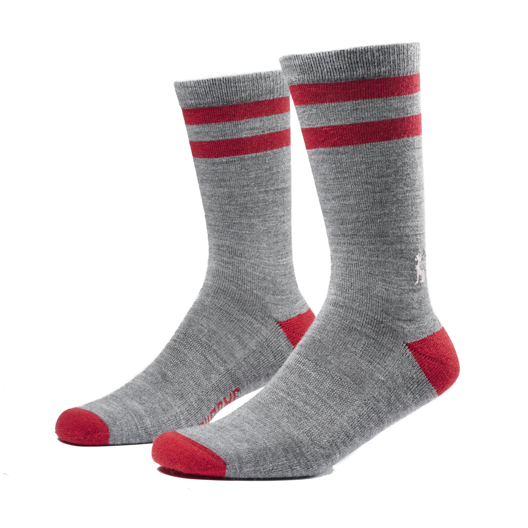 Merino Crew socks in grey and red stripes with logo #color_grey red stripe