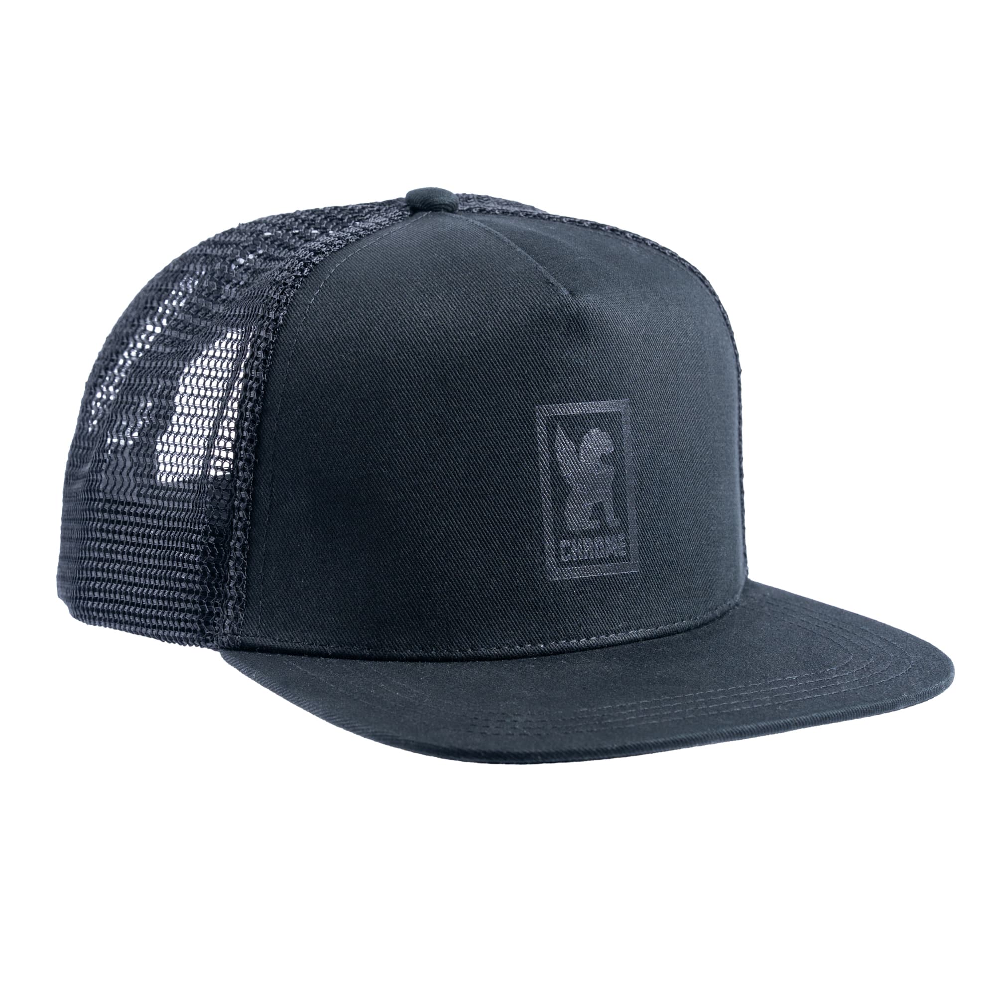 The front of the Logo Snapback Hat in black with an embossed Chrome logo
