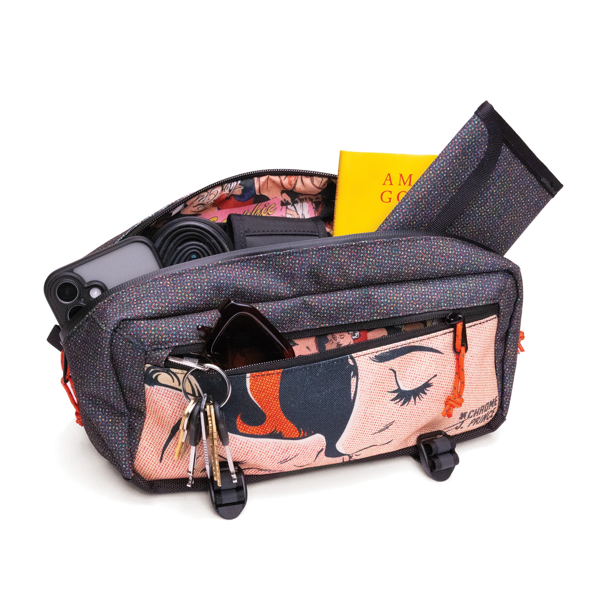 The Chrome x J Prince Mini Kadet Pride bag packed out #color_j prince