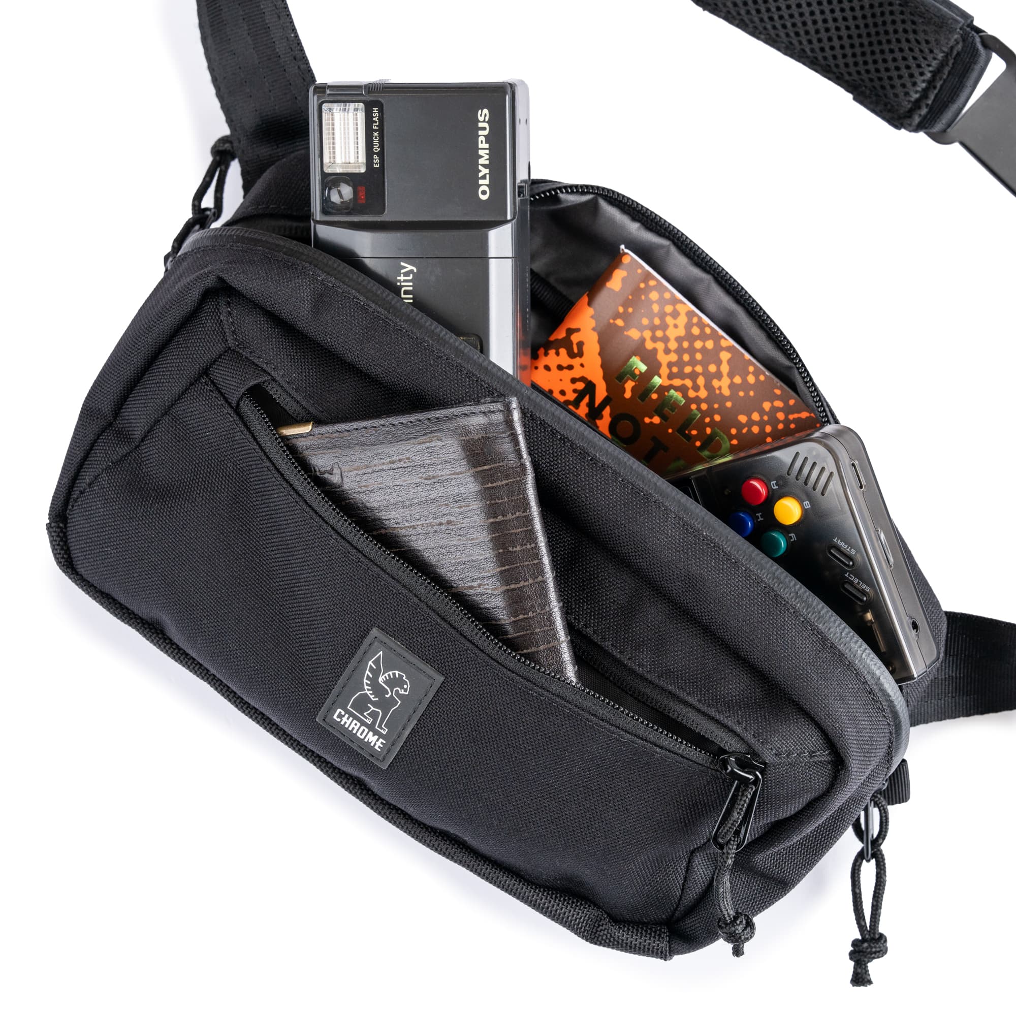Inside the Micro Kadet 3L that can be a waist pack or a crossbody in black