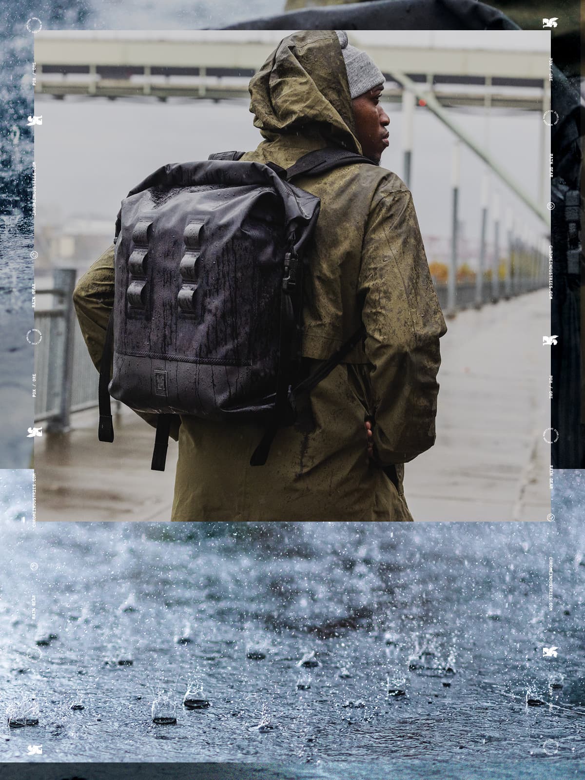 Raindrops and a person wearing the 30L Urban Ex Pack in black