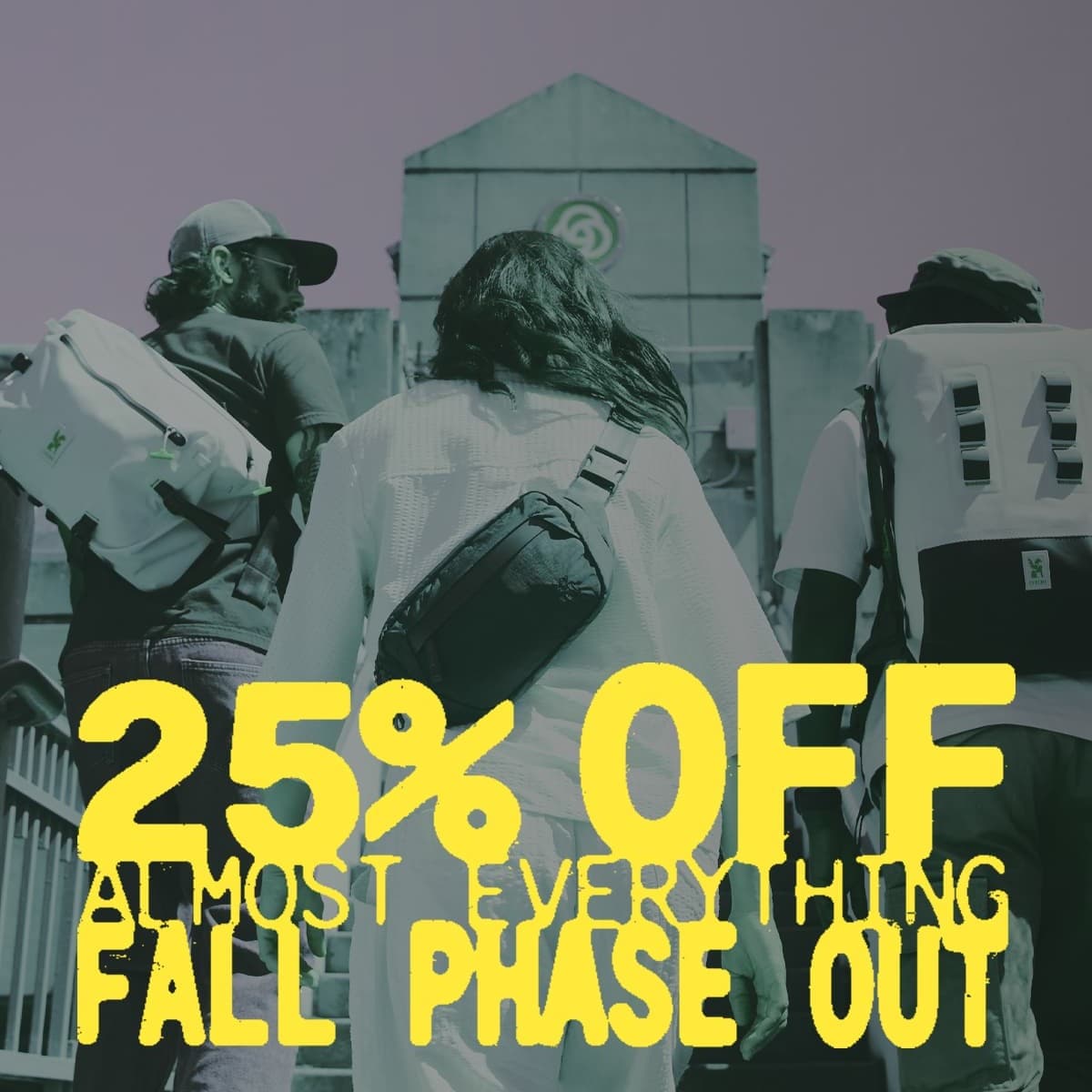 Promotional graphic with three people from behind wearing backpacks and a crossbody bag, set against a muted purple-gray background with large yellow text reading '25% OFF ALMOST EVERYTHING FALL PHASE OUT'.