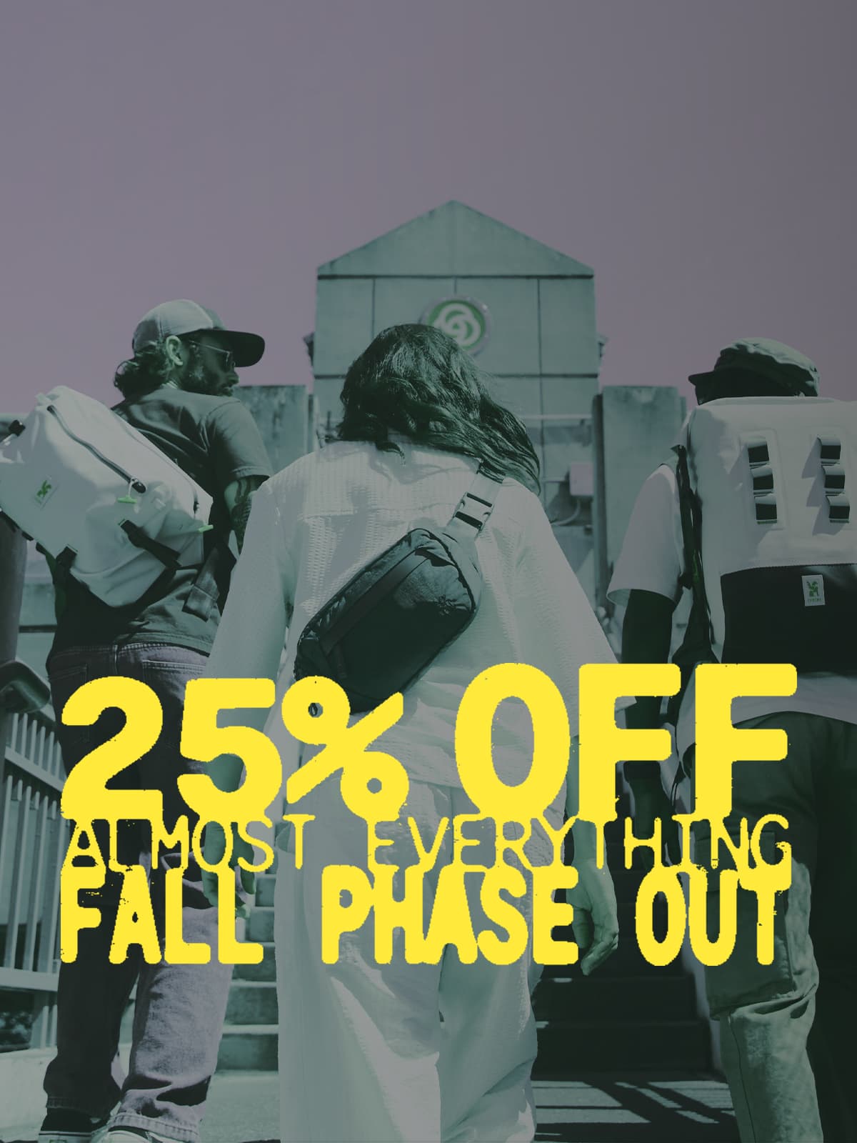 Three people walking up stairs wearing Chrome bags which are now on sale
