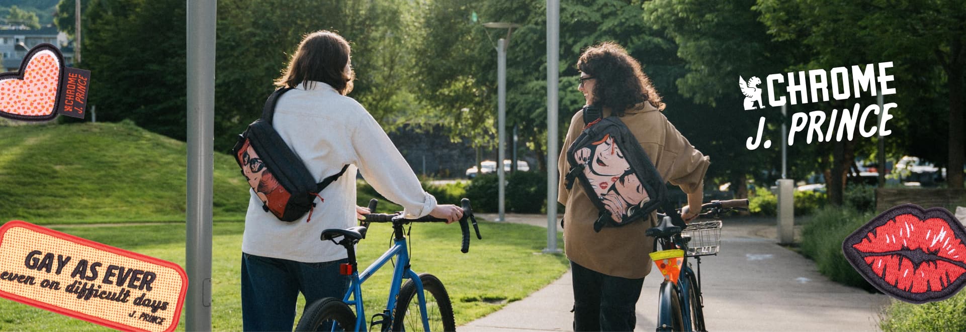 Two women meet and walk their bikes with Chrome bags