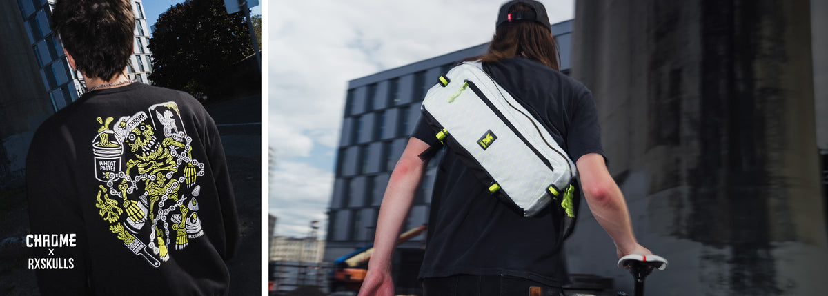 A split-screen lifestyle image showing a person from behind wearing a black graphic t-shirt with a yellow and white 'Chrome Rxskulls' design on the left, and wearing a Neon Yellow X Kadet with neon yellow accents on the right.