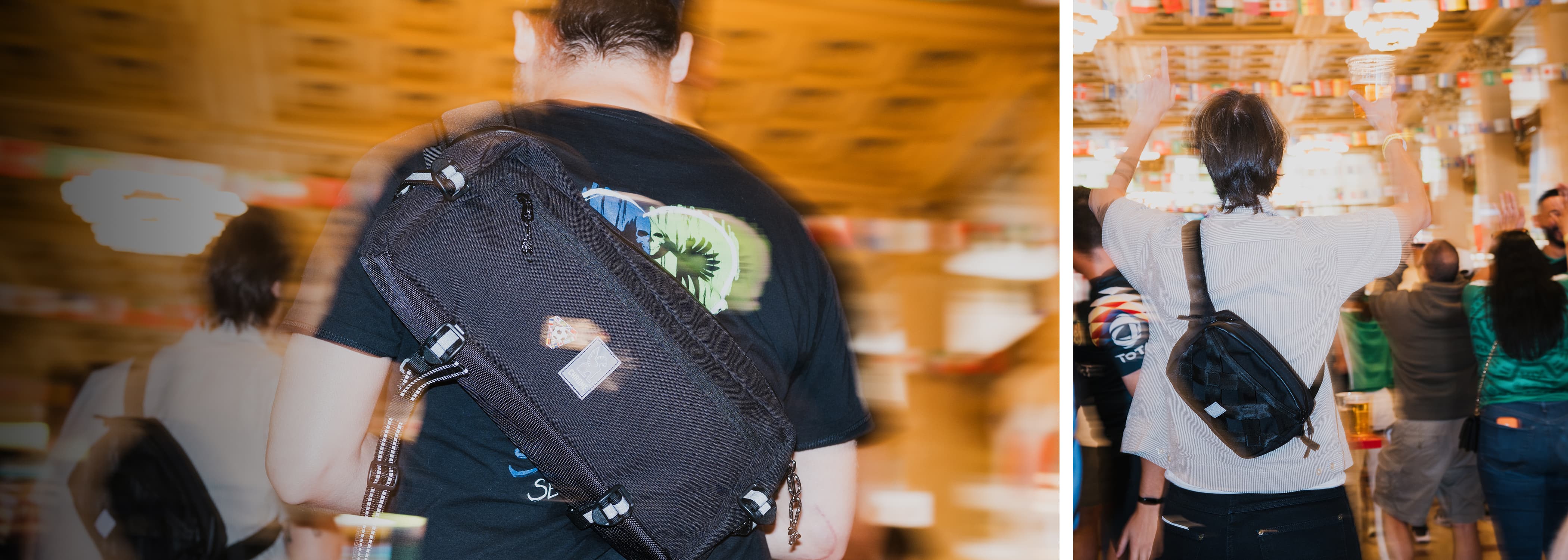 Two people at a Soccer World Cup Watch party wearing Chrome Industries bags