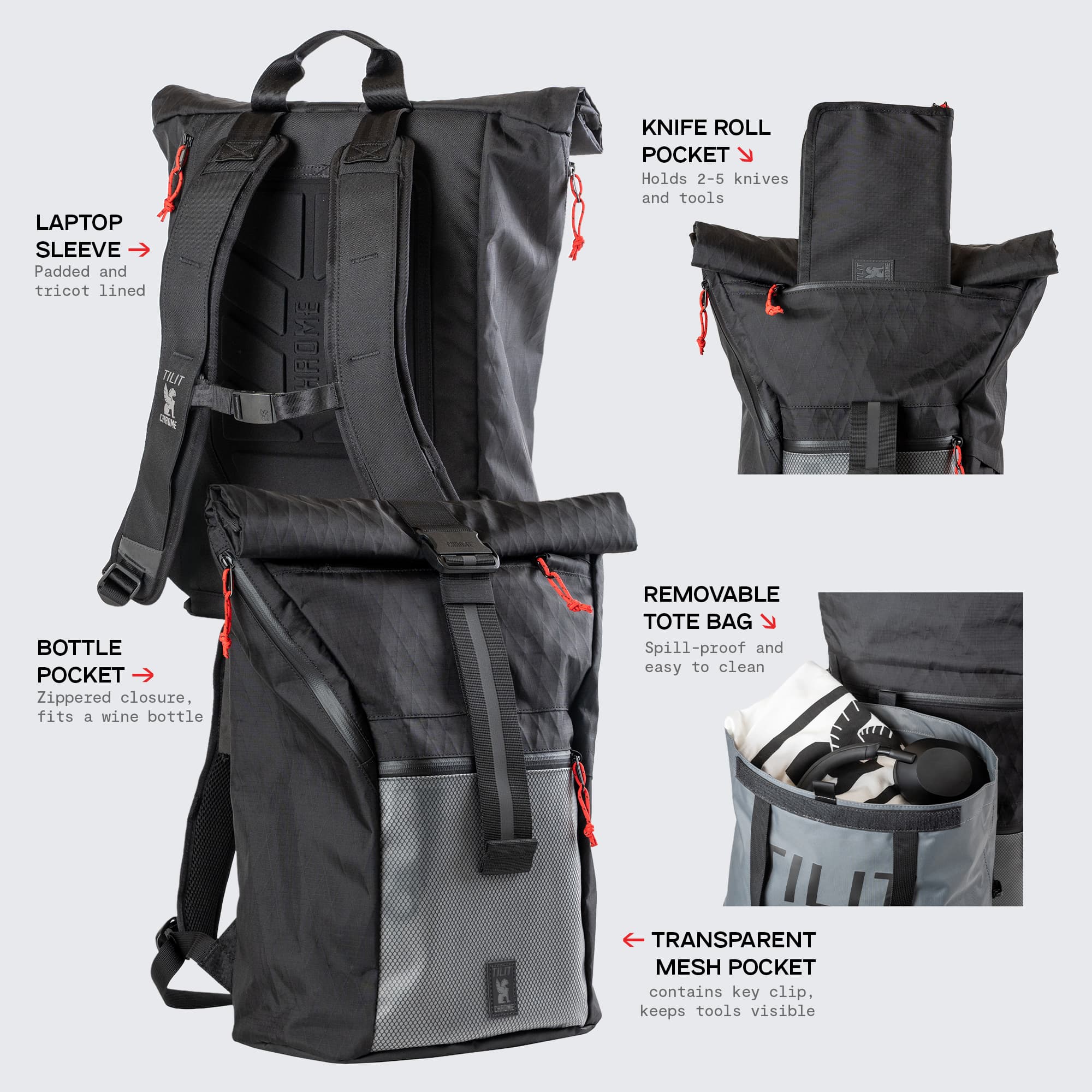 The features of the Chrome x Tilit 29L Chef Pack