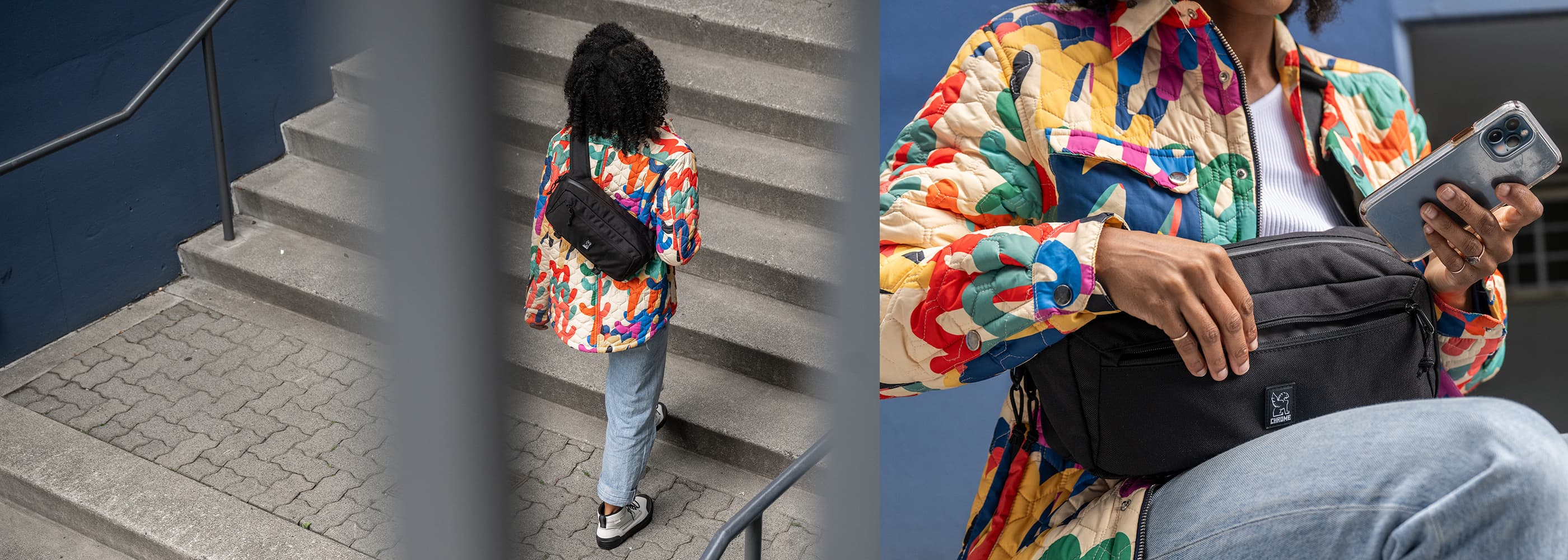 Two different views of a woman using the Mini Kadet Sling