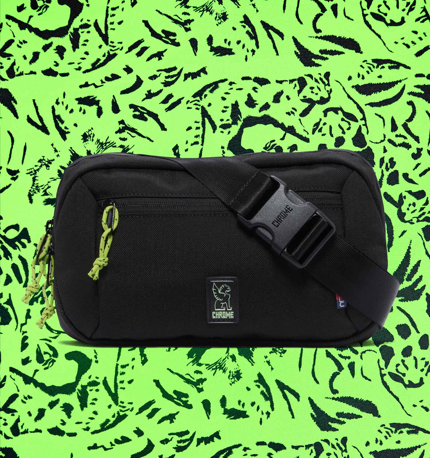 Chrome X ALC collab on the Ziptop Waistpack in the green black color