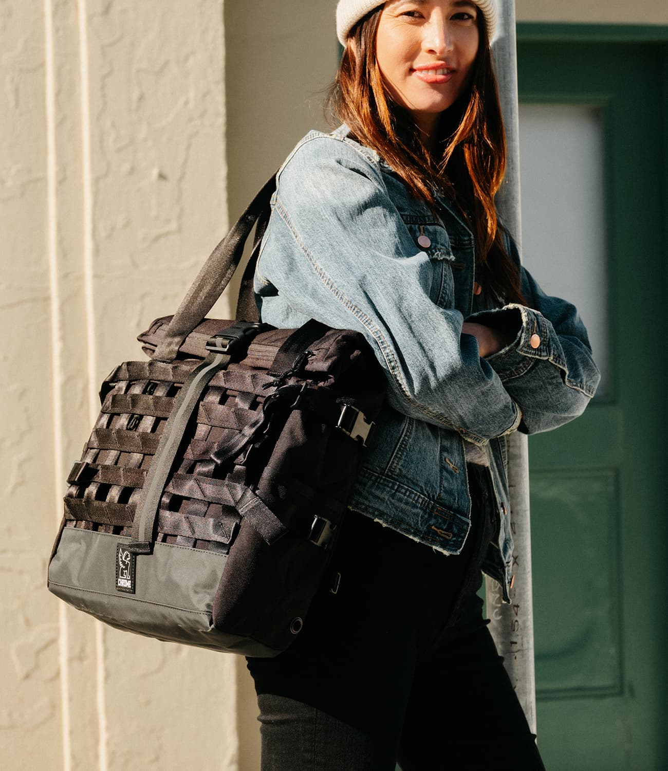 Water-resistant Barrage Tote worn by a person