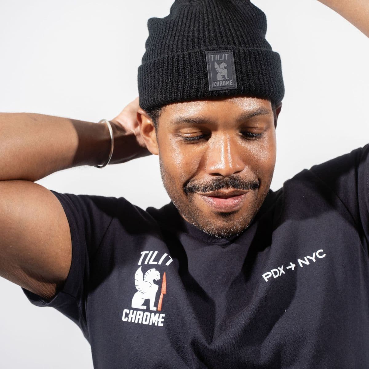 Chrome x Tilit accessories Tee and Beanie on a guy