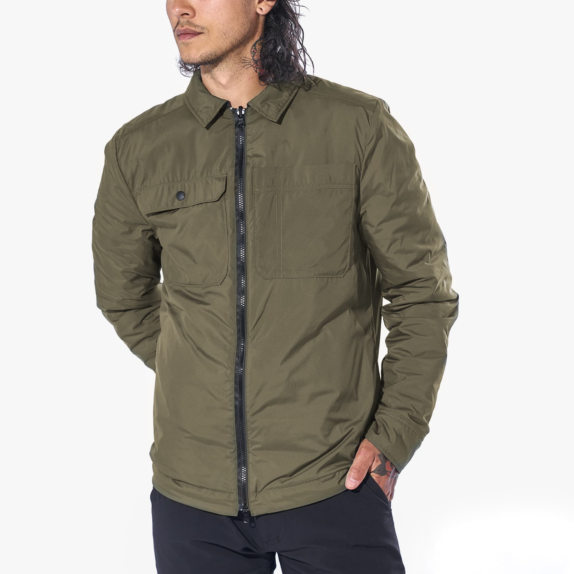 Two way zip Shirt Jacket in black with green on a man green side out