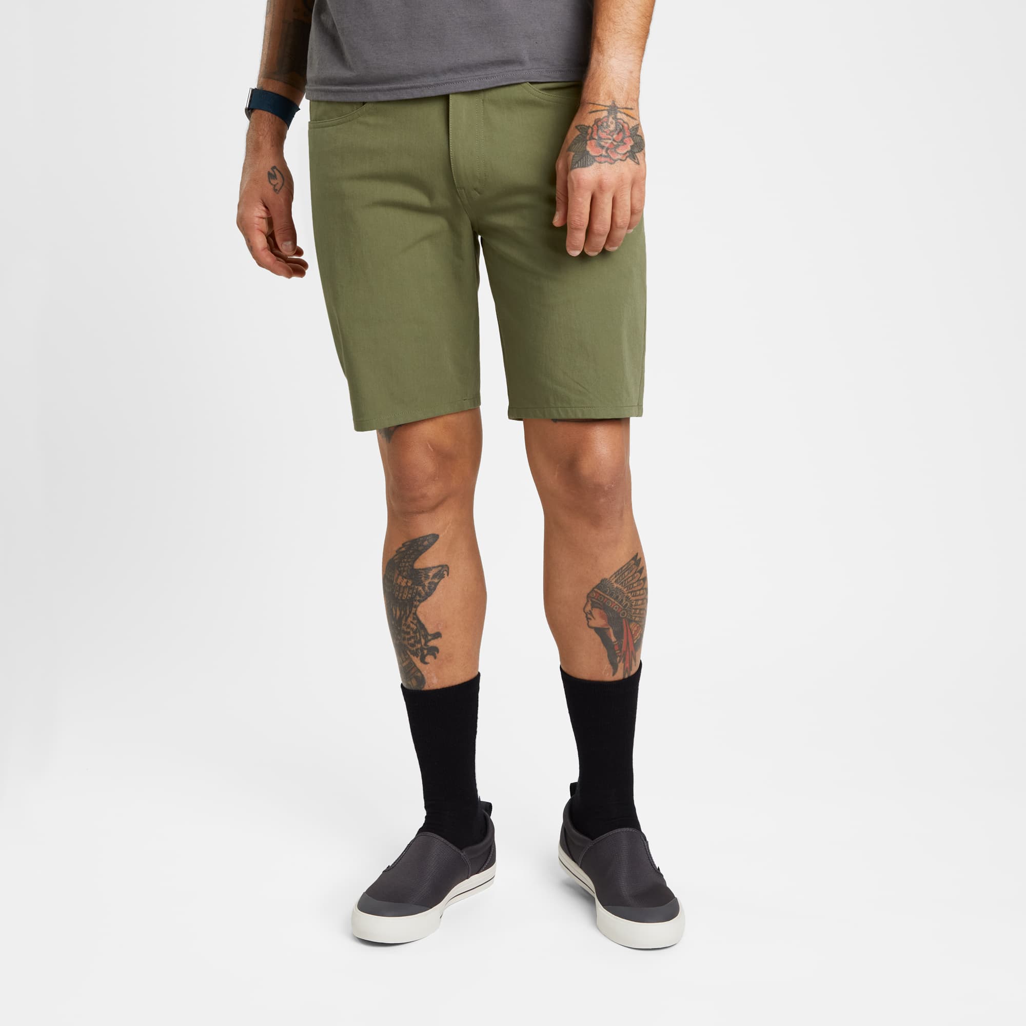 Men's Madrona tech 5-pocket short in green worn by a man #color_olive branch