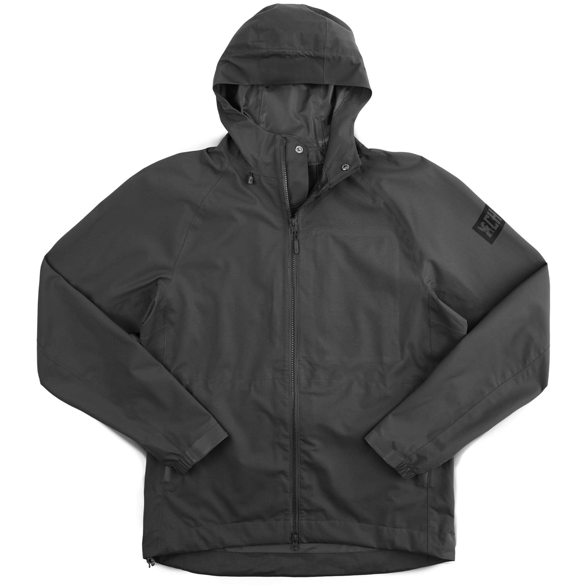 Waterproof rain jacket in black front view