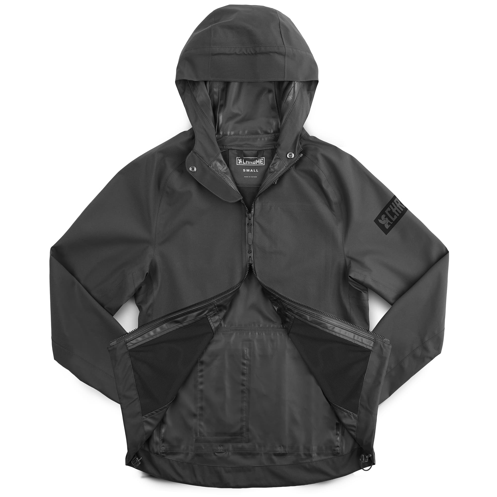 Women's waterproof jacket in black showing 2-way zipper