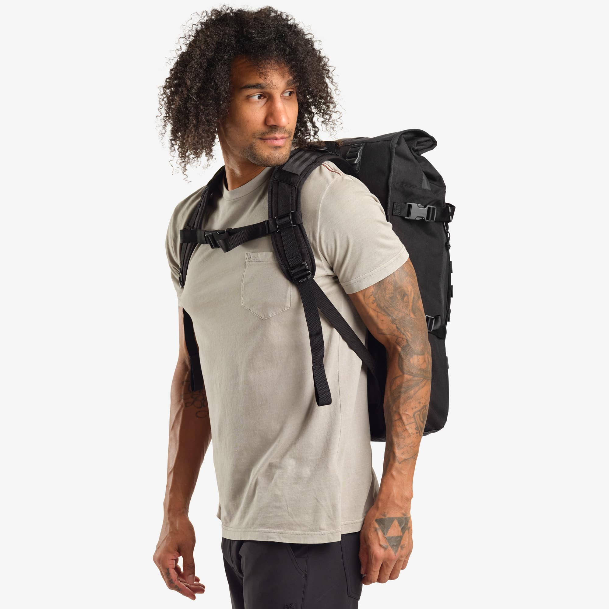 Black Barrage Freight Backpack on a person front view