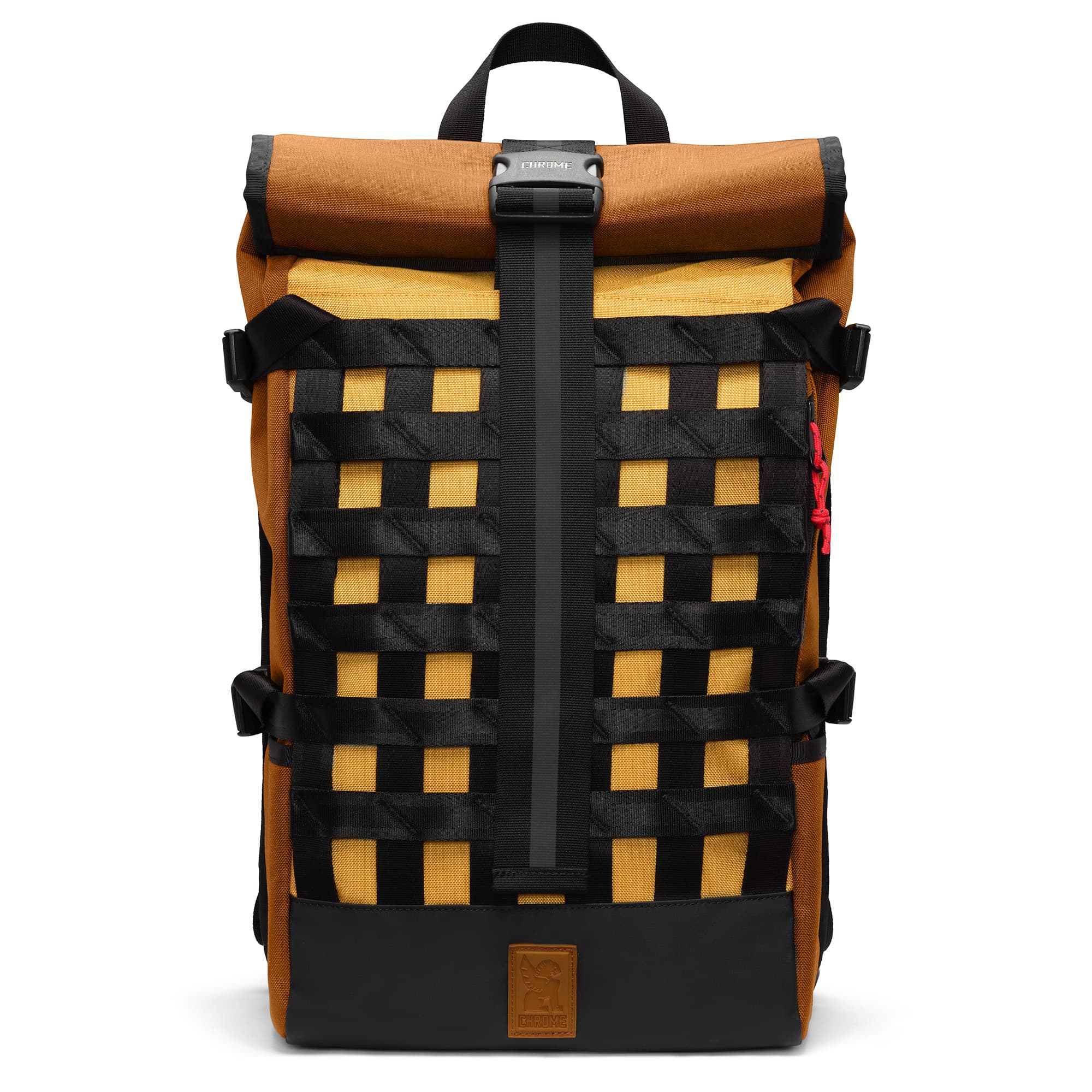 Amber Barrage Cargo Backpack front detail #color_amber tritone