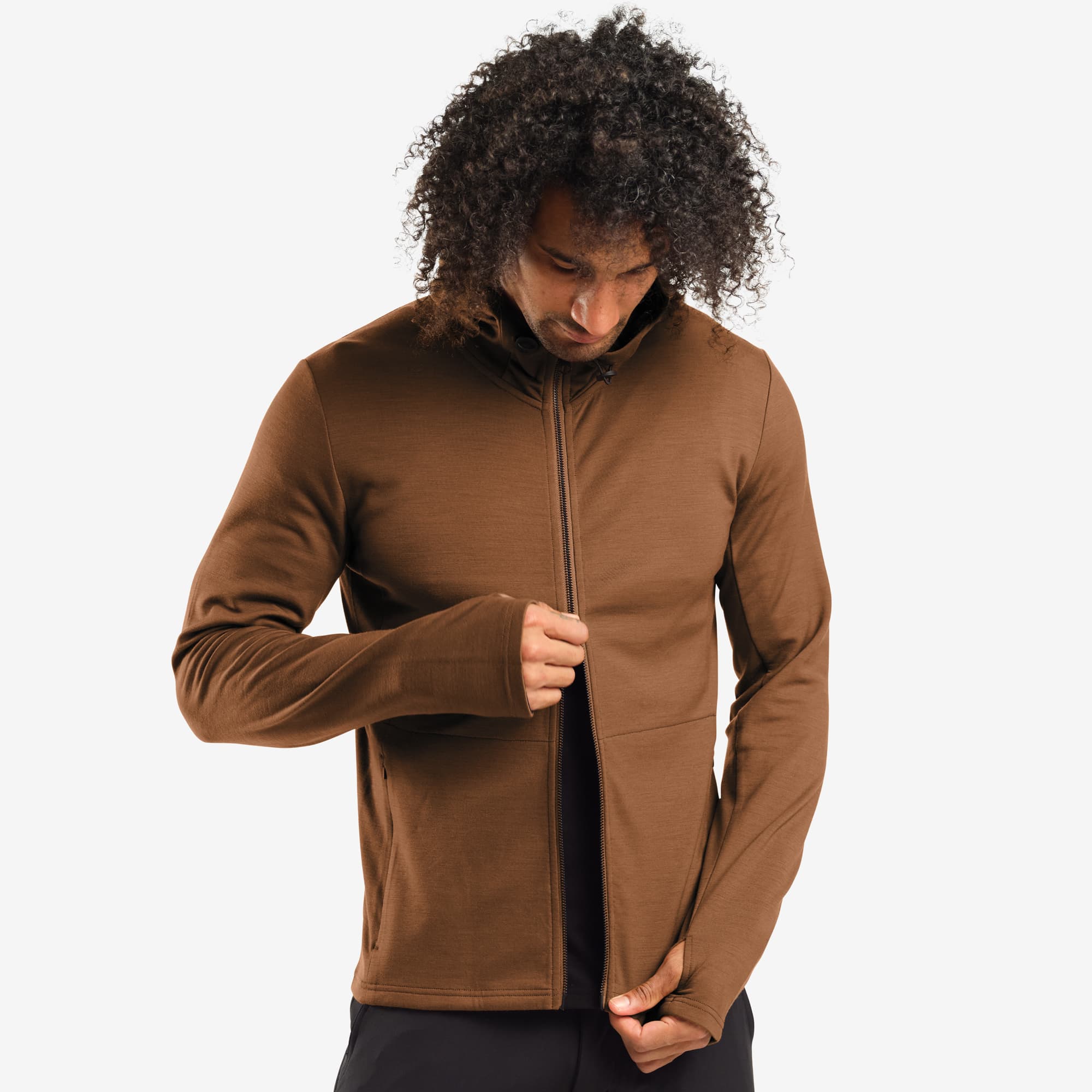 Men's merino blend hoodie in brown worn by a man #color_monks robe