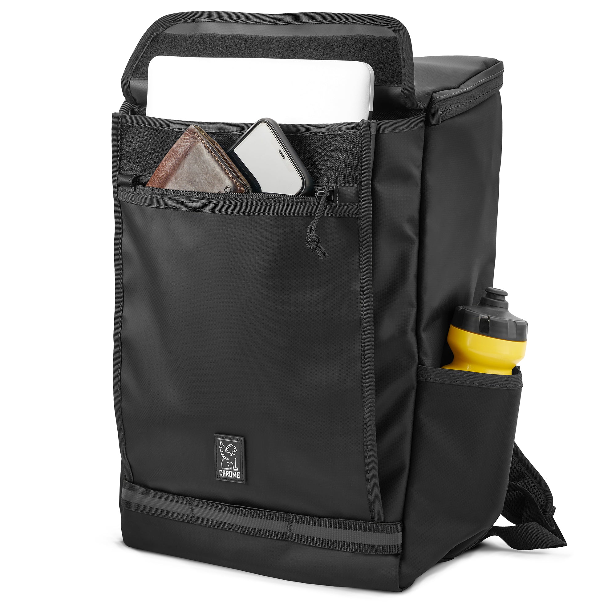 Weather resistant Volcan Backpack in black tarp front pocket detail #color_black tarp