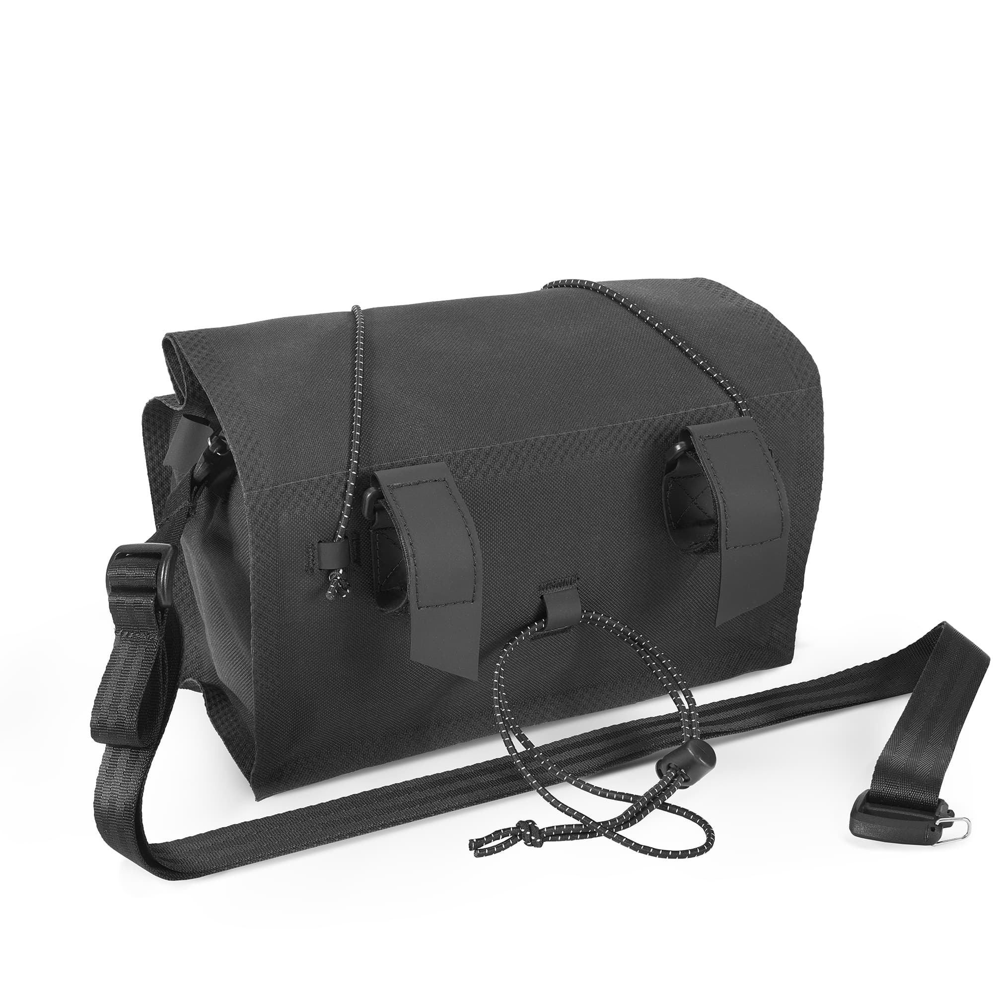 Waterproof Handlebar bike bag in black stowable sling straps #color_black