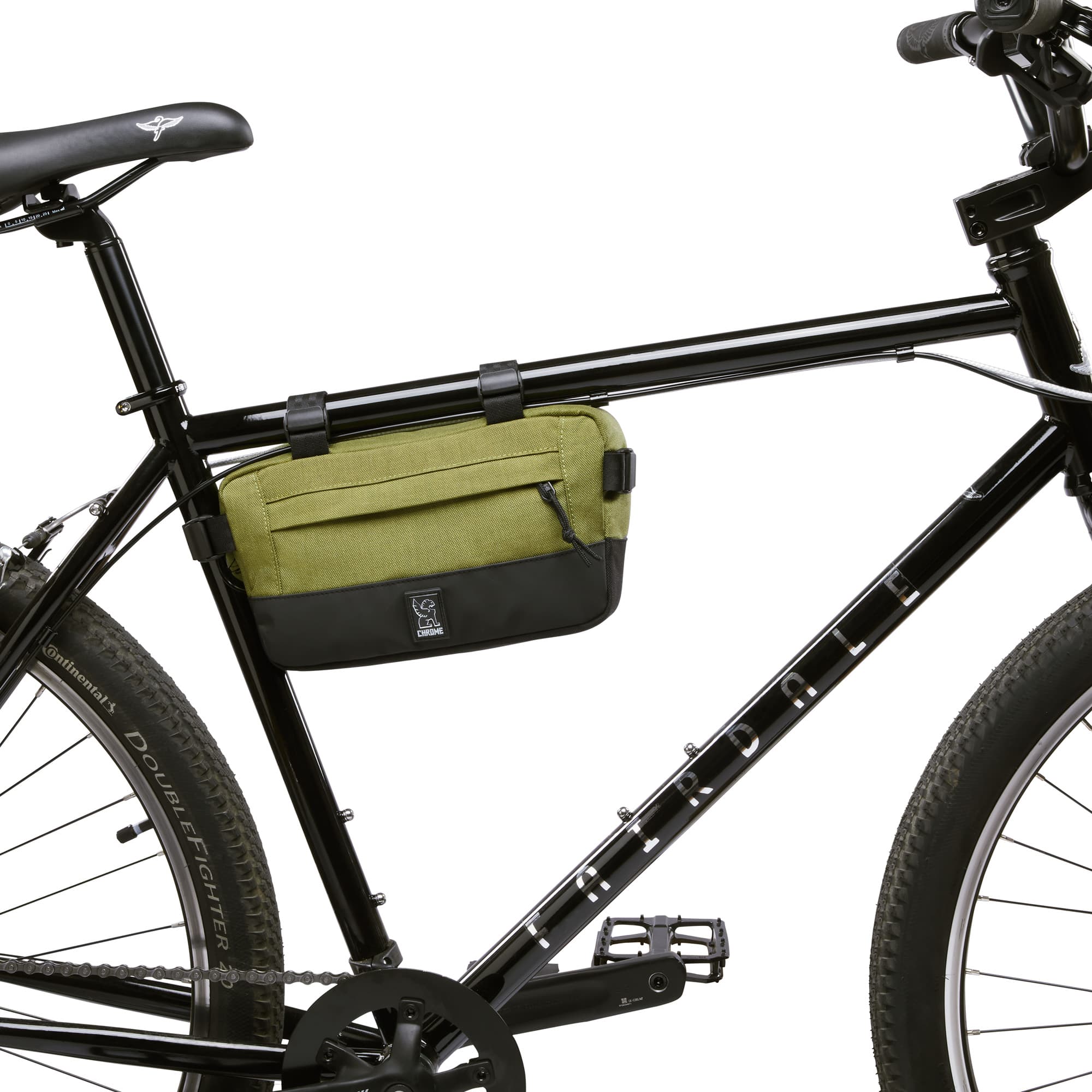 2L Doubletrack Frame Bag in green on a bike #color_olive branch
