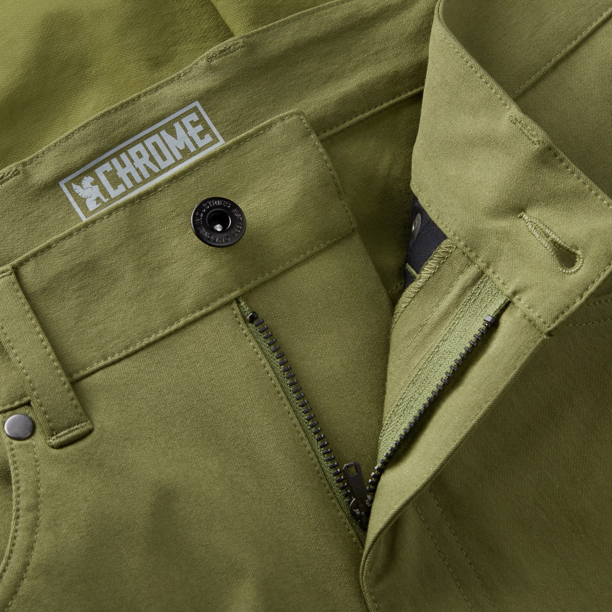 Men's Madrona tech 5-pocket short in green button & zipper detail #color_olive branch