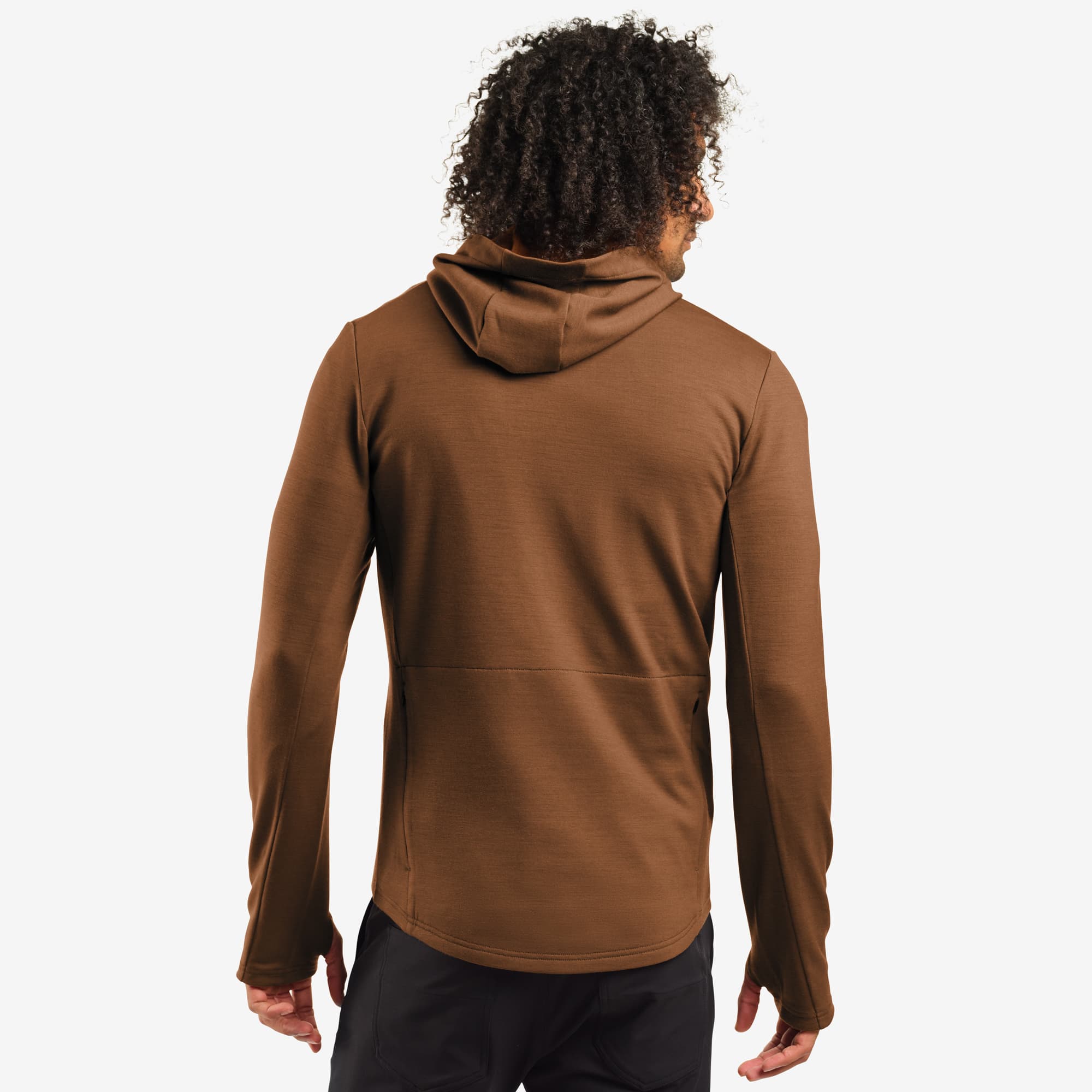Men's merino blend hoodie in brown worn by a man back view #color_monks robe