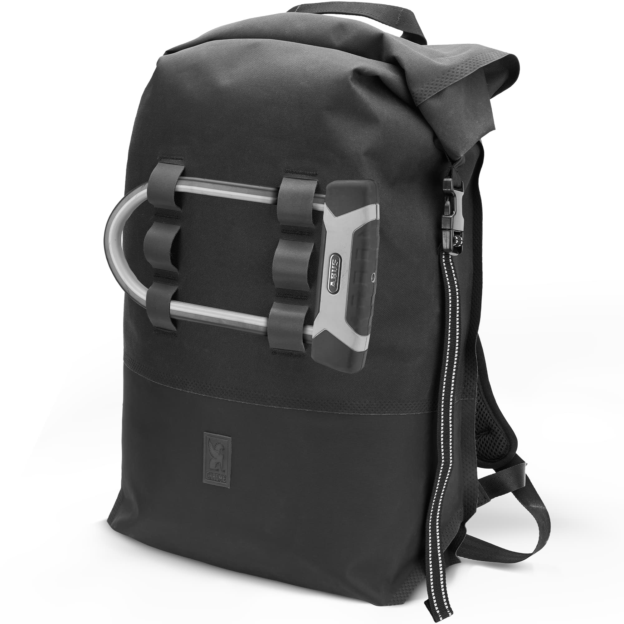 Waterproof 30L rolltop backpack in black u-lock holder detail #color_black