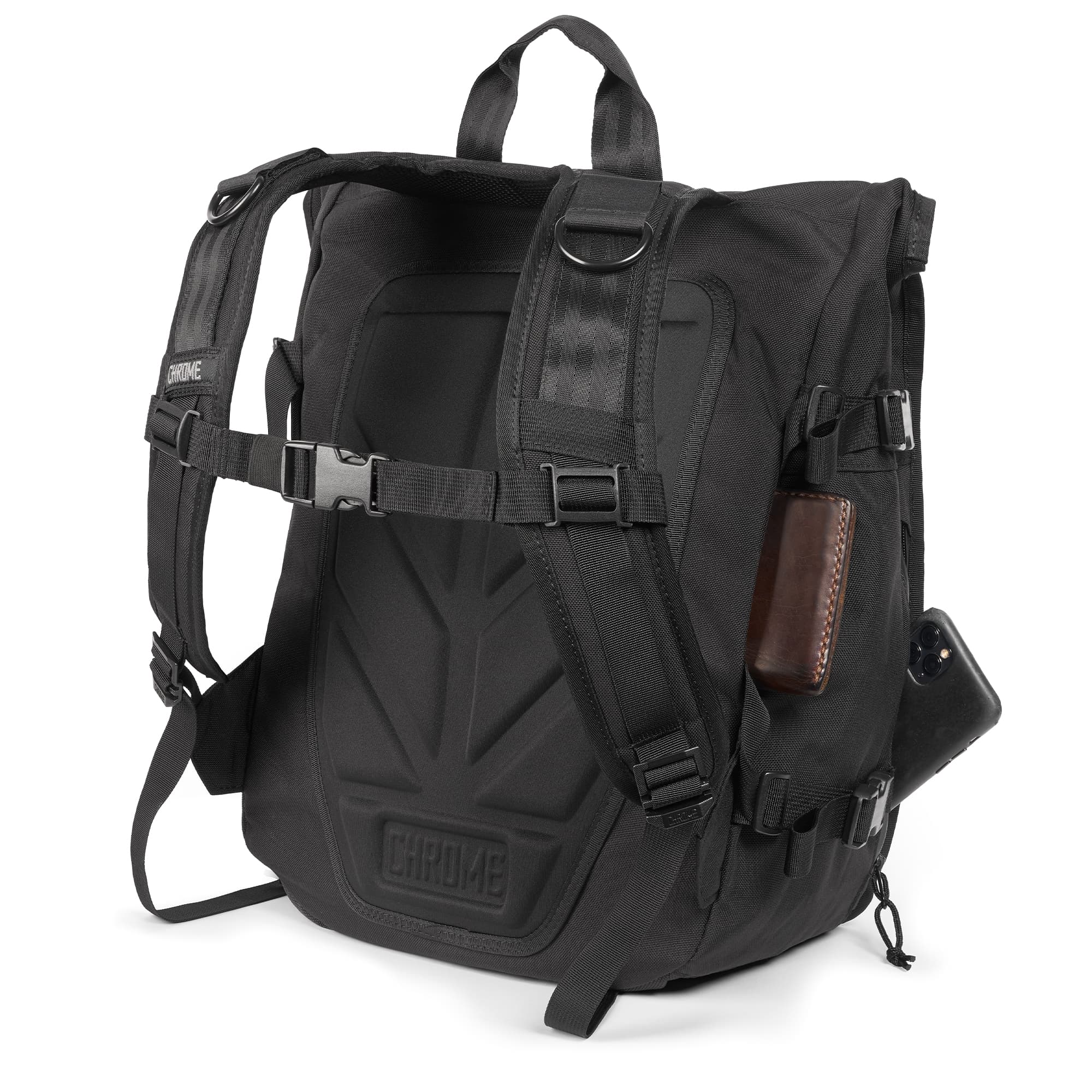 Warsaw medium size flap backpack in black harness view