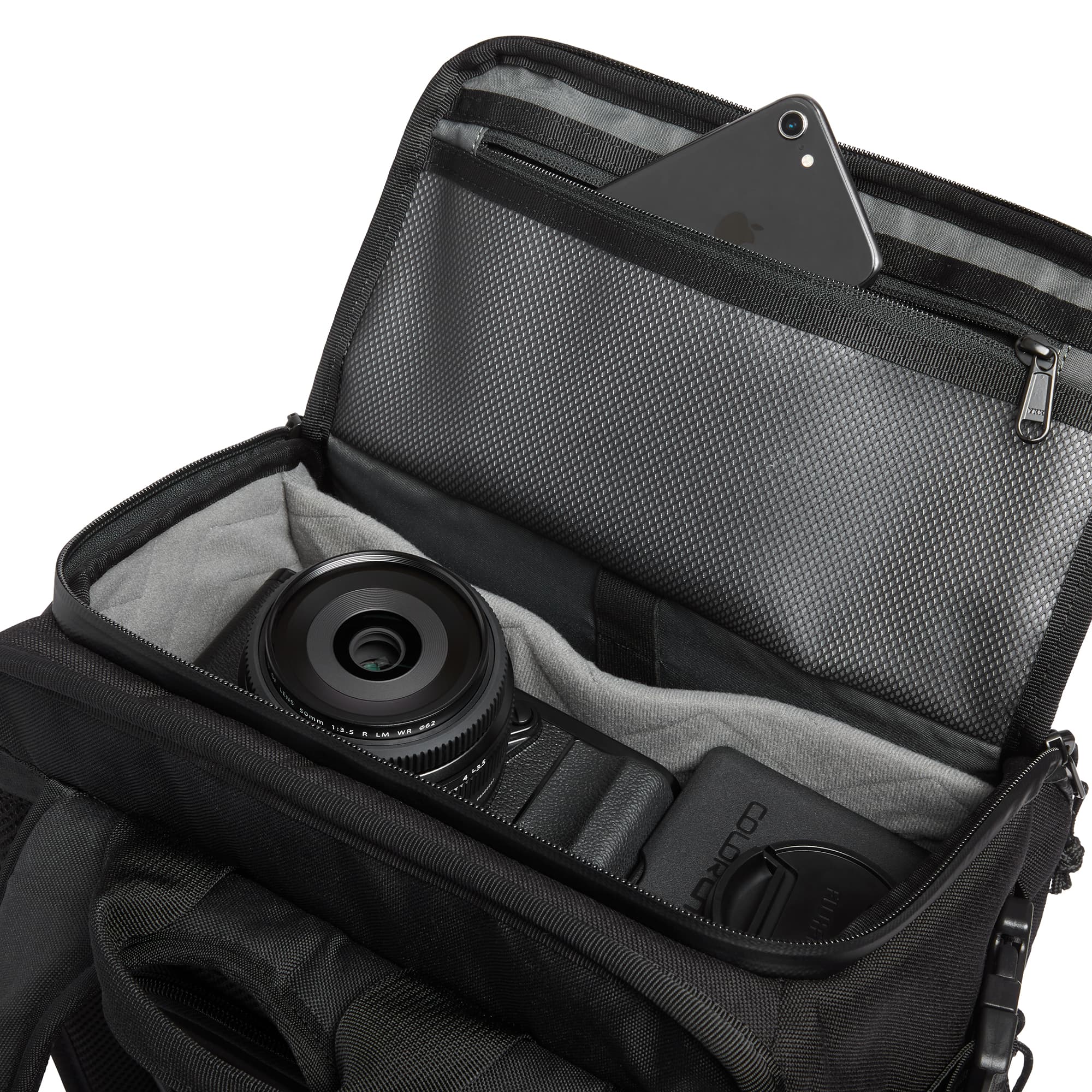Niko camera tech backpack in black top opening
